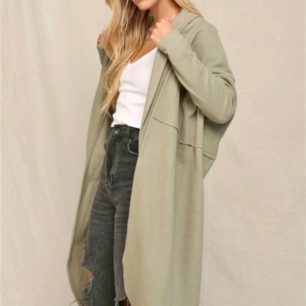 Long Open Front Hooded Cardigan Sweater - Sage Green